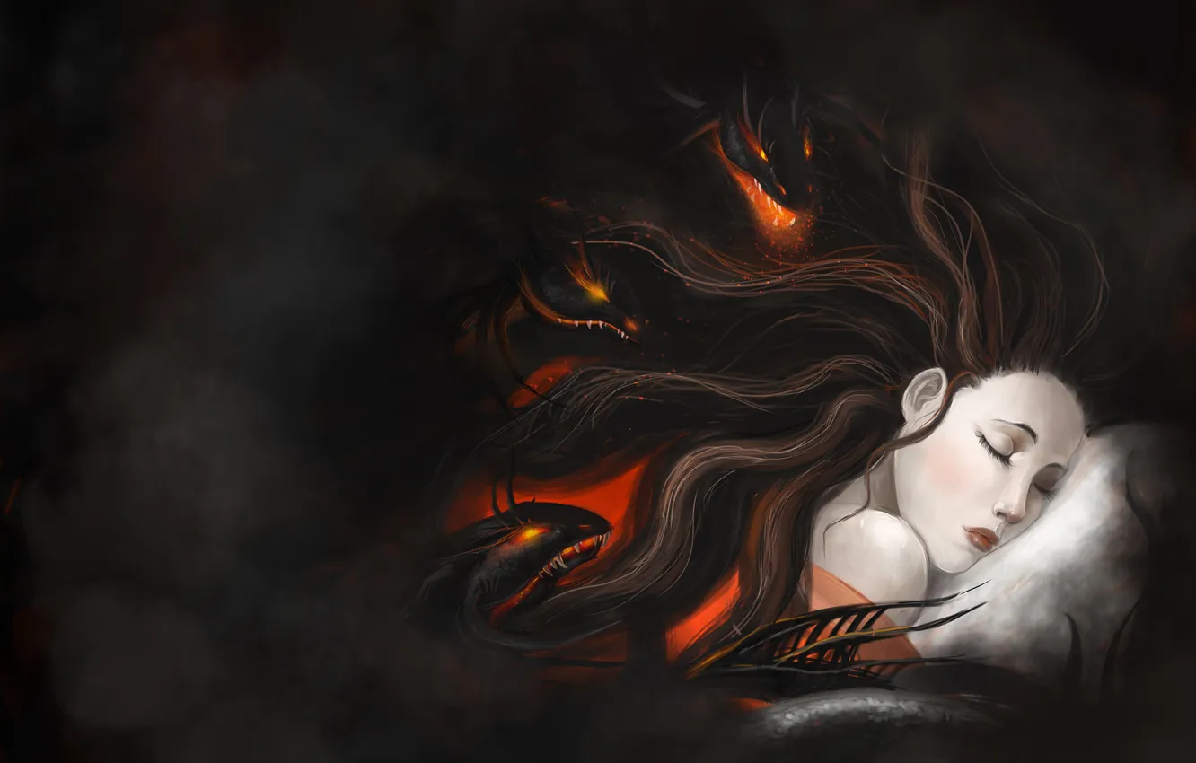 Photo wallpaper girl, dark, sleep, snake, monster, pillow, art, nightmare