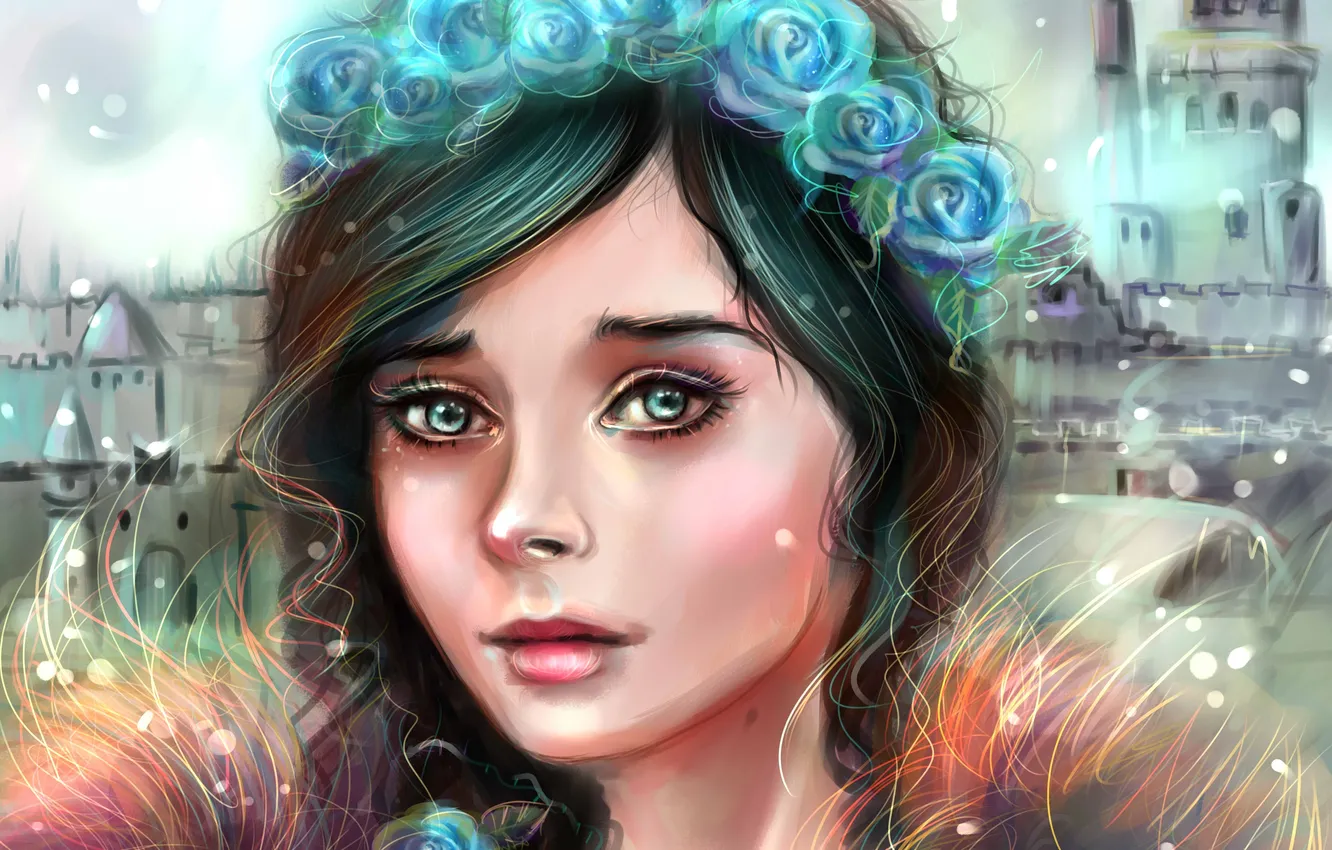 Photo wallpaper girl, face, castle, roses, art, wreath