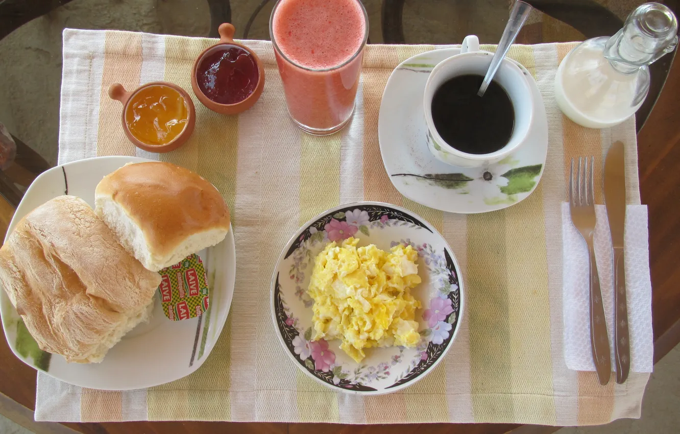 Photo wallpaper coffee, Breakfast, buns, omelette