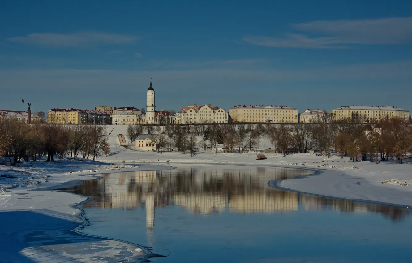 Photo wallpaper reflection, winter, the city, river, landscape