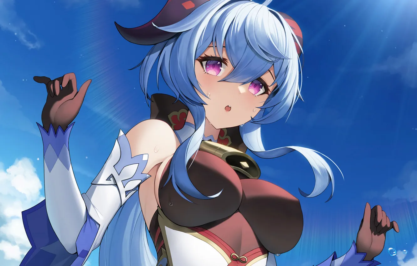 Photo wallpaper girl, sexy, wet, blouse, horns, long hair, boobs, anime