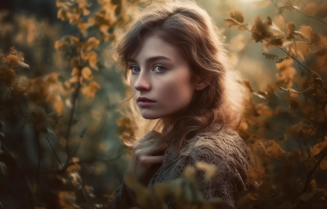 Photo wallpaper autumn, look, girl, branches, nature, face, foliage, portrait