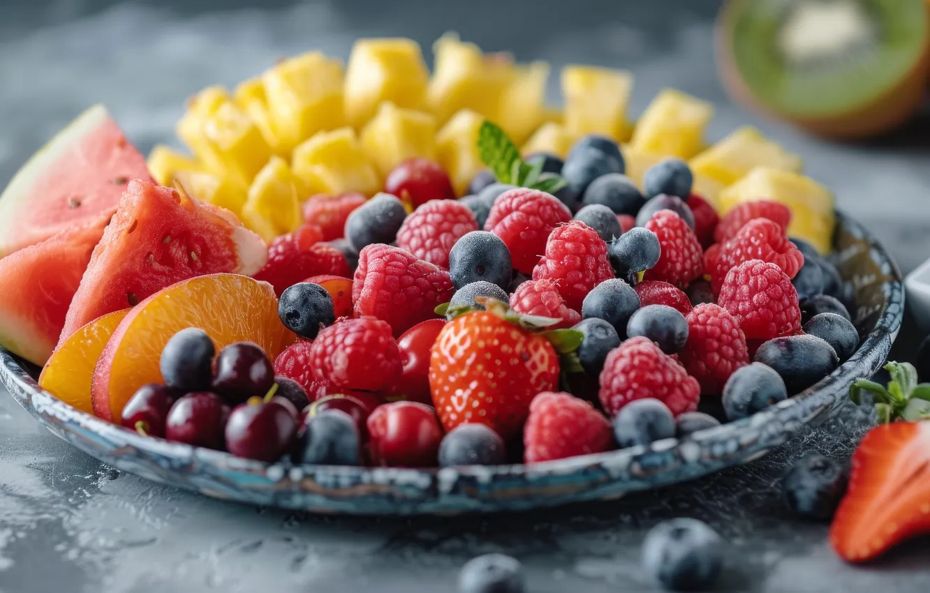 Photo wallpaper berries, raspberry, table, orange, watermelon, blueberries, strawberry, plate