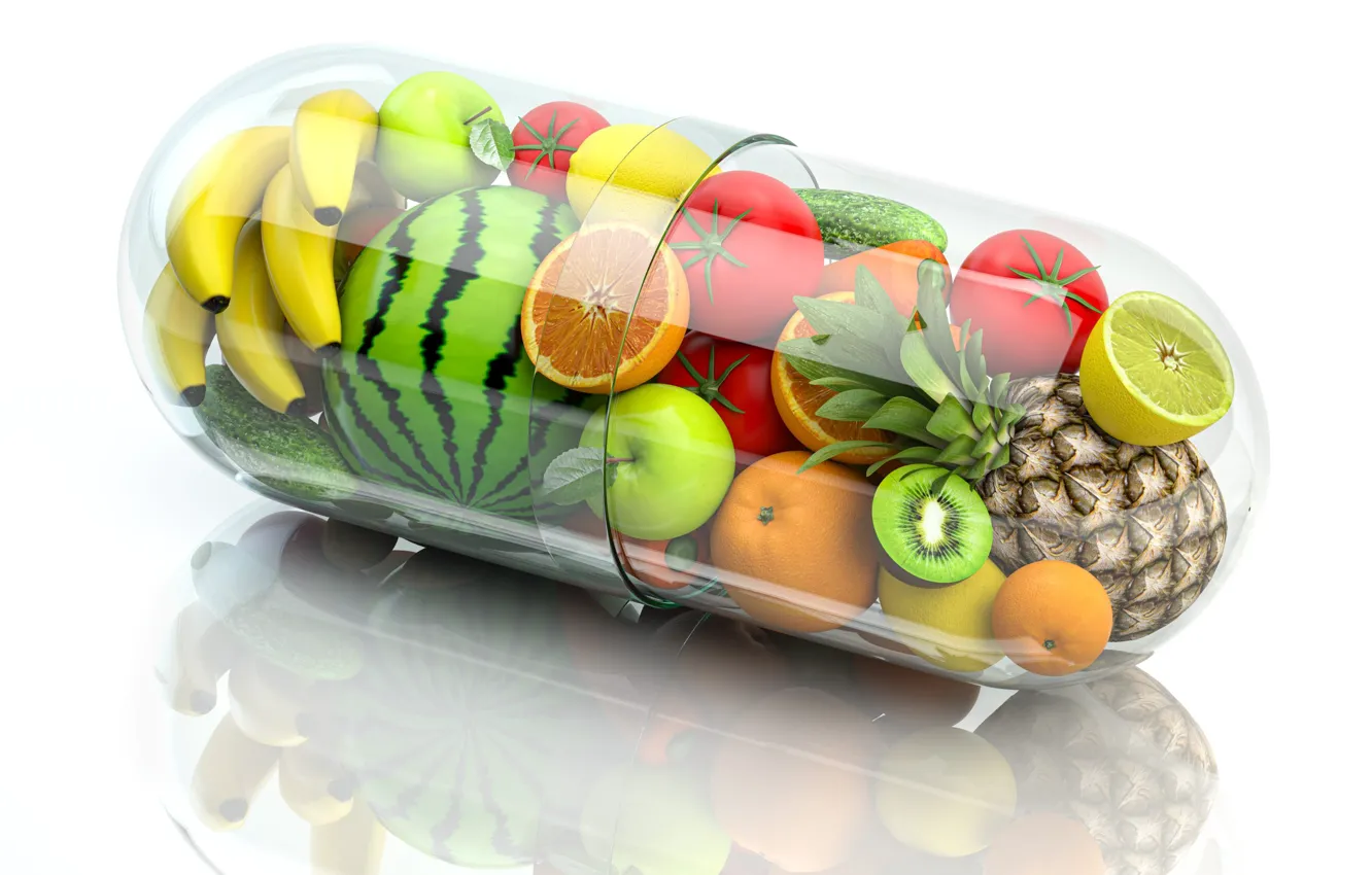 Photo wallpaper rendering, capsule, white background, fruit, vitamins