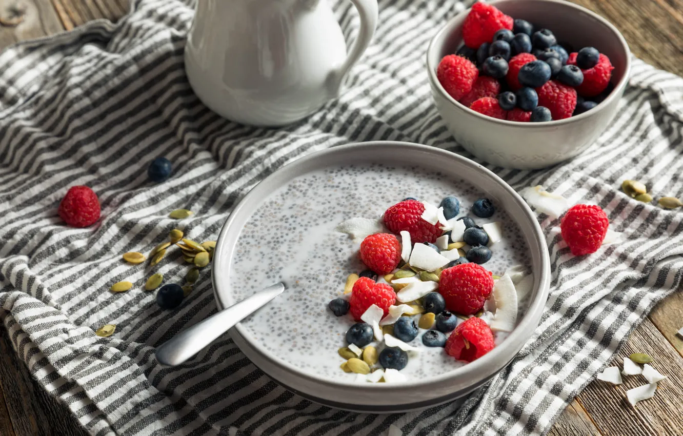 Photo wallpaper strips, berries, raspberry, table, Board, food, towel, Breakfast