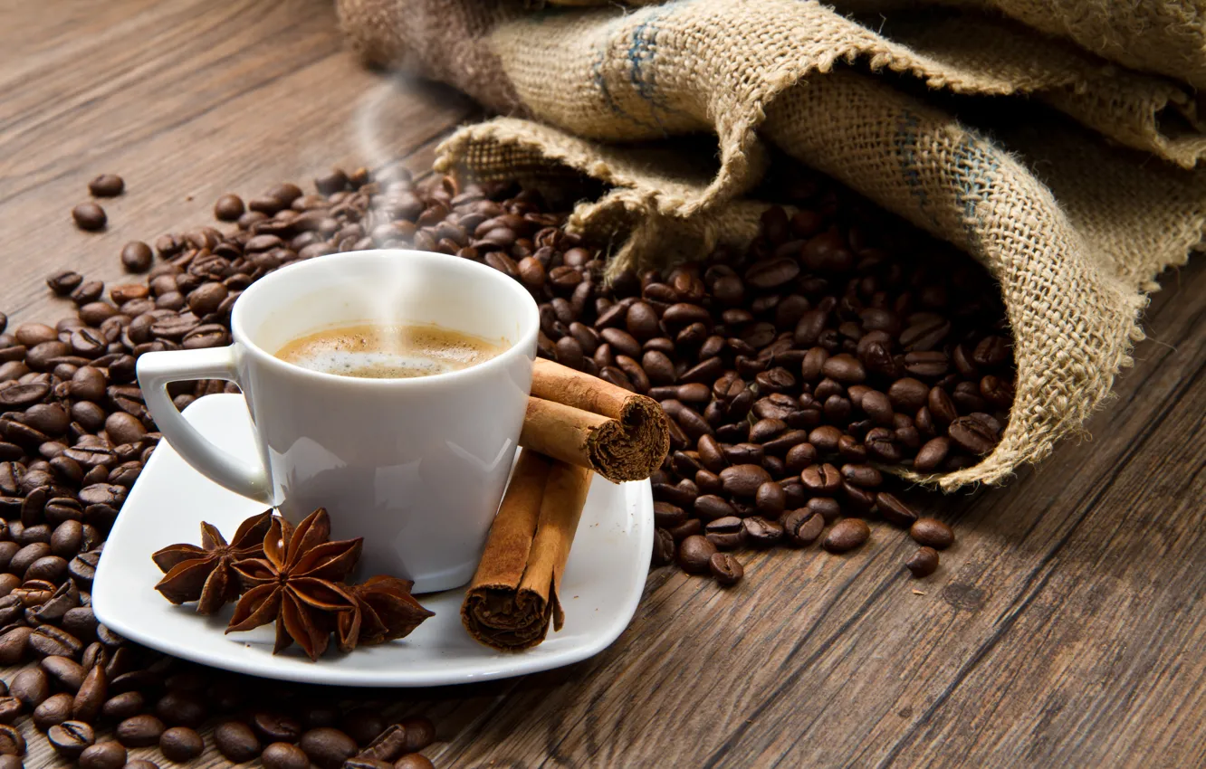 Photo wallpaper coffee, grain, Cup, cinnamon, coffee, spices, cinnamon, Anis