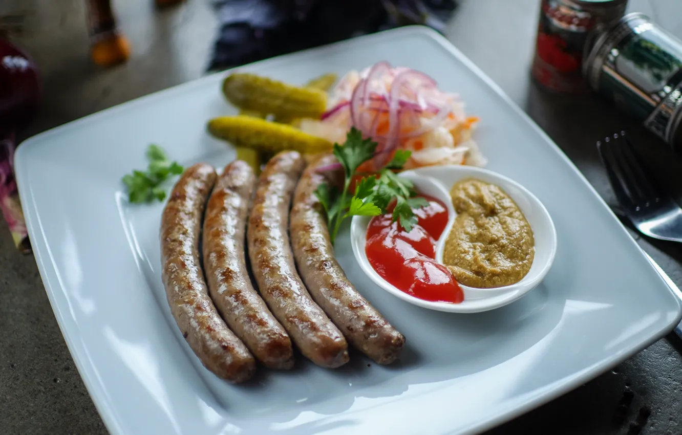 Photo wallpaper sauce, ketchup, cucumbers, sausages, mustard