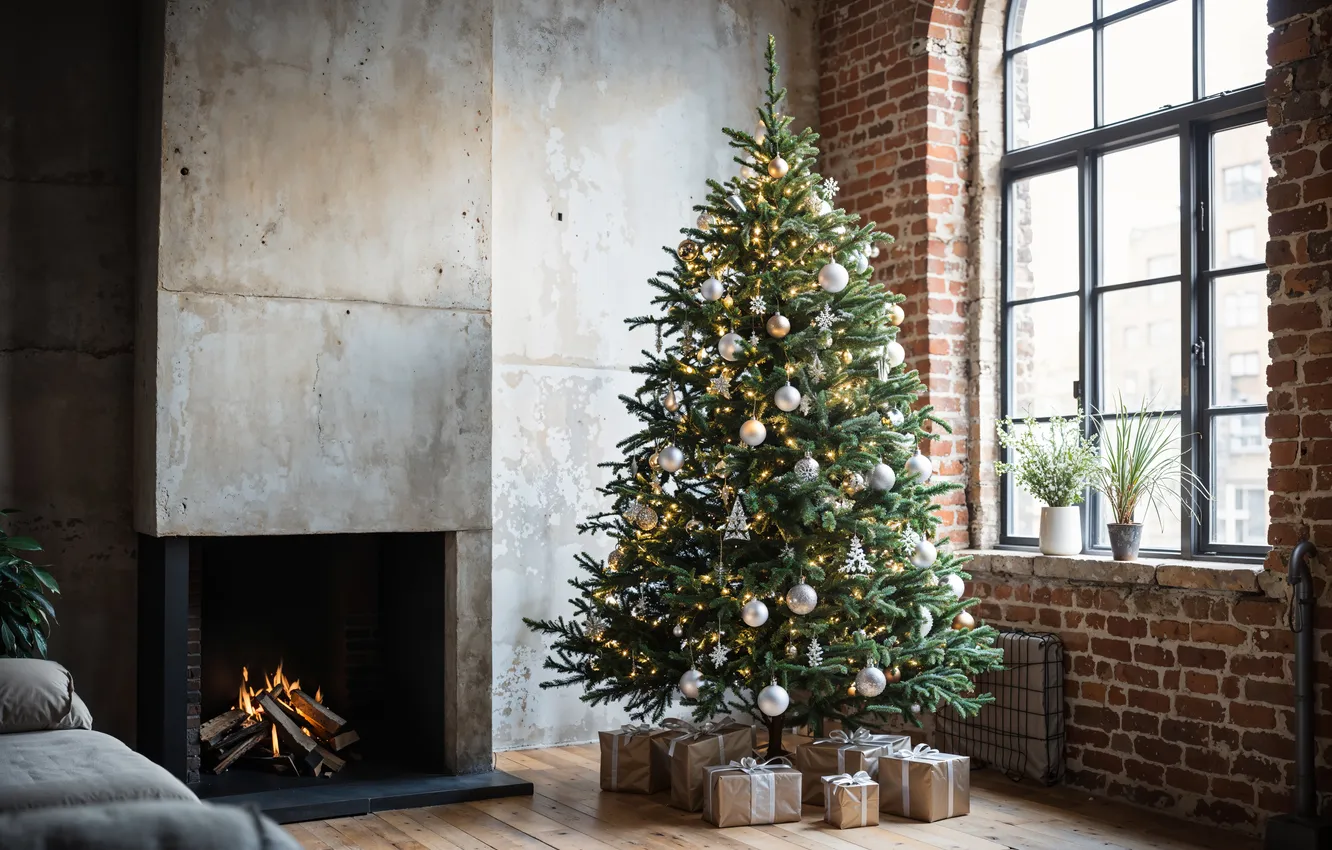 Photo wallpaper room, tree, new year, interior, Christmas, fireplace, Christmas, view
