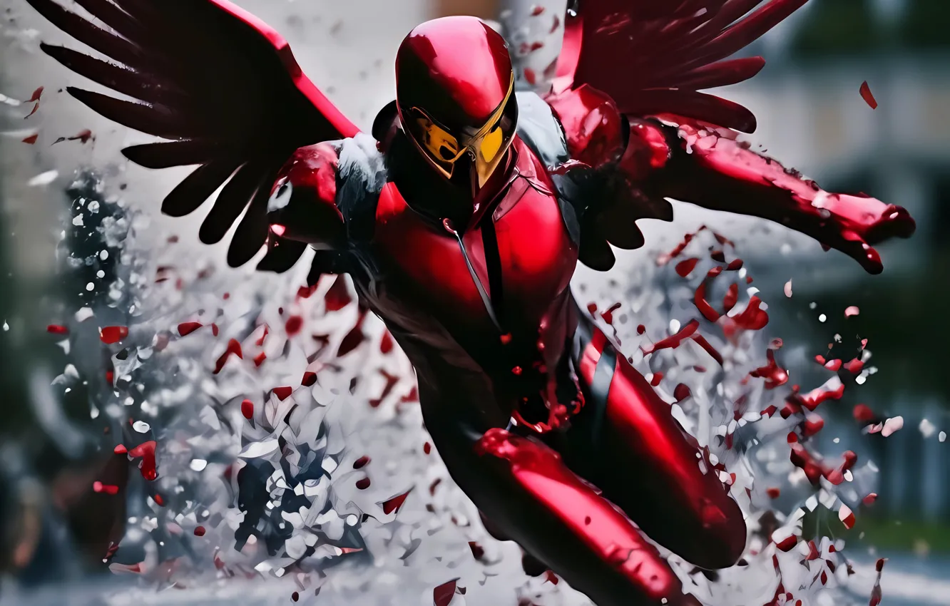 Photo wallpaper red, wings, angel, runs