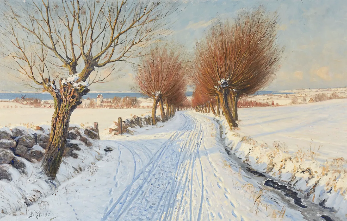 Photo wallpaper Swedish artist, Swedish painter, oil on canvas, Peter Adolf Persson, Snowy alley, Snow covered alley, …