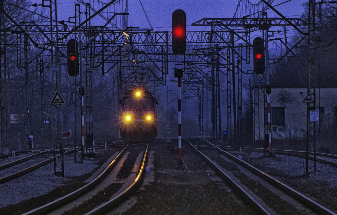 Photo wallpaper train, lights, twilight, power lines