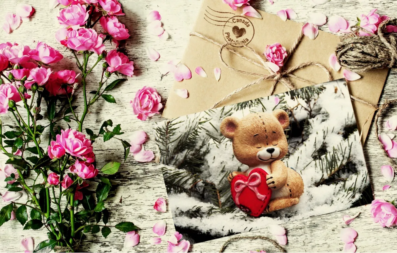 Photo wallpaper flowers, roses, bear, Letter, Holiday, Valentine's day, postcard