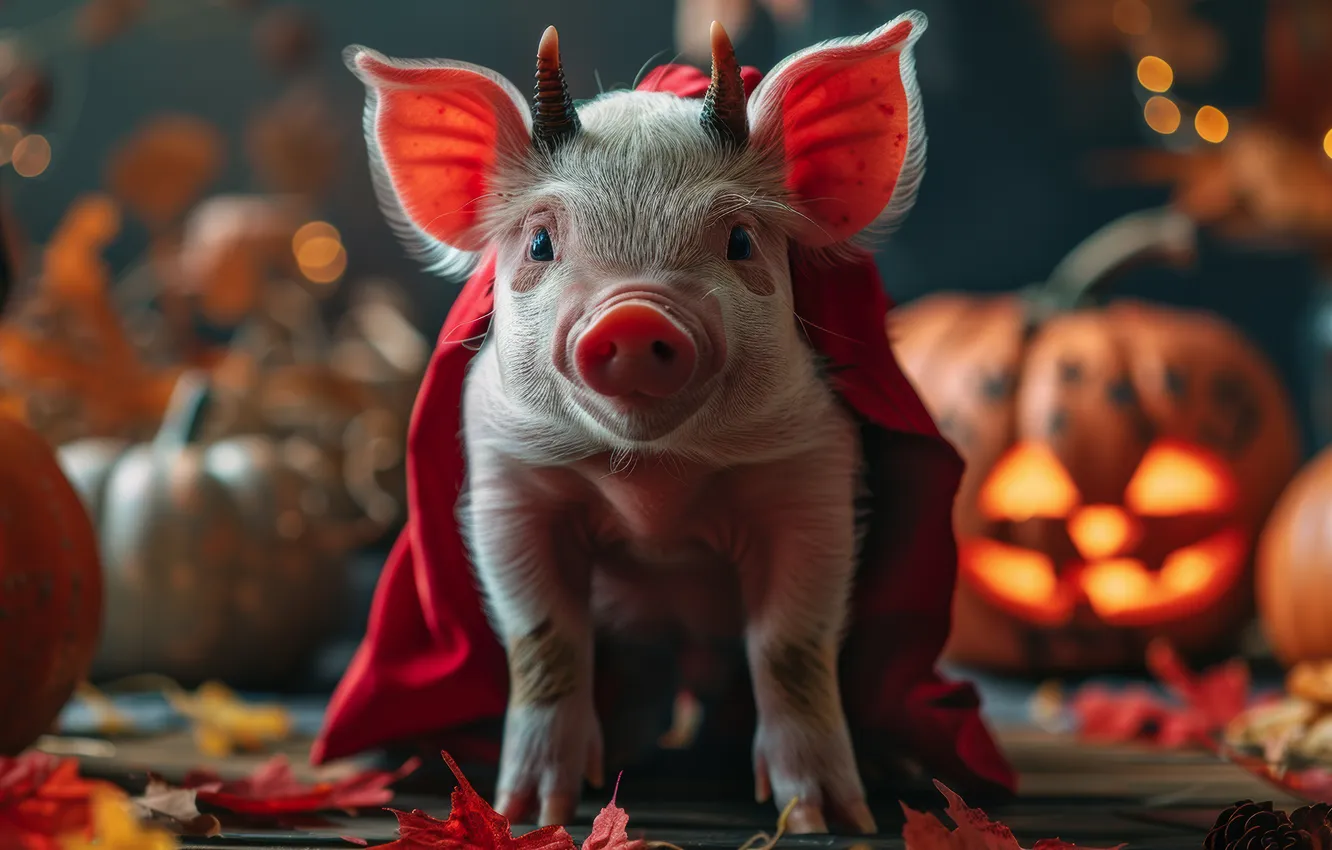 Photo wallpaper Halloween, pig, neural network, pig, look, holiday, AI art, pig