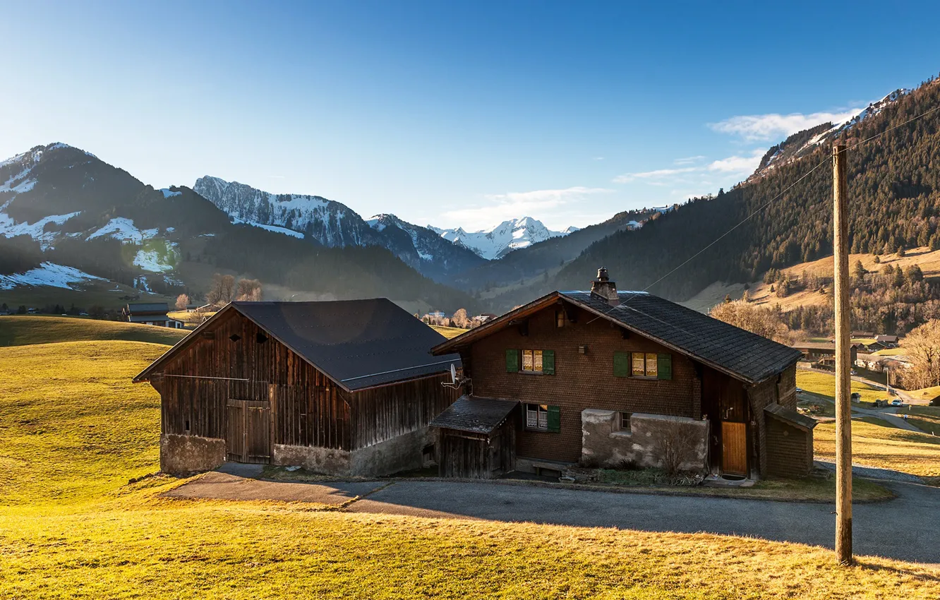 Photo wallpaper field, forest, the sky, the sun, trees, mountains, nature, Switzerland