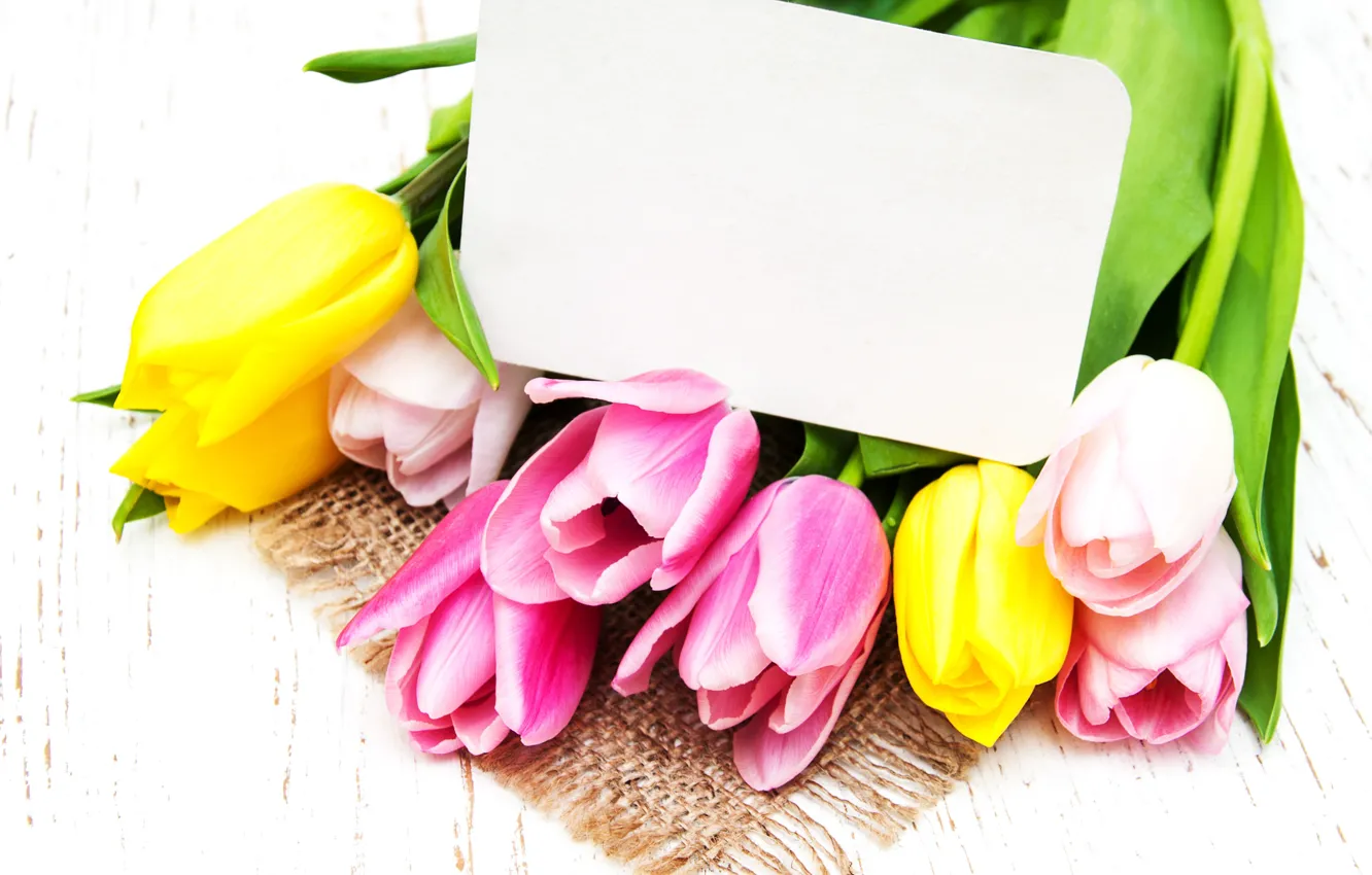 Photo wallpaper flowers, bouquet, tulips, pink, yellow, wood, pink, flowers