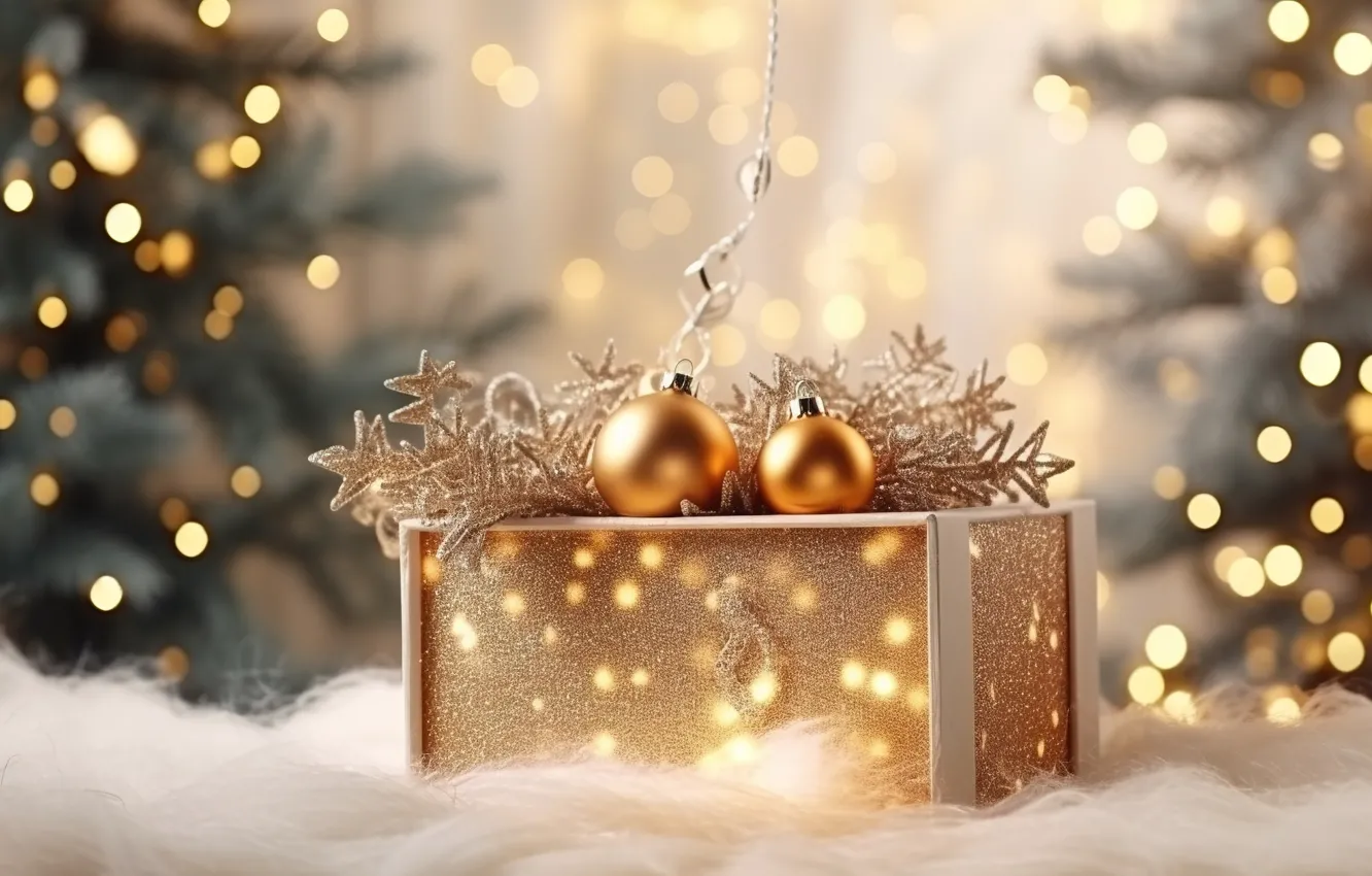 Photo wallpaper decoration, balls, new year, Christmas, golden, Christmas, balls, bokeh