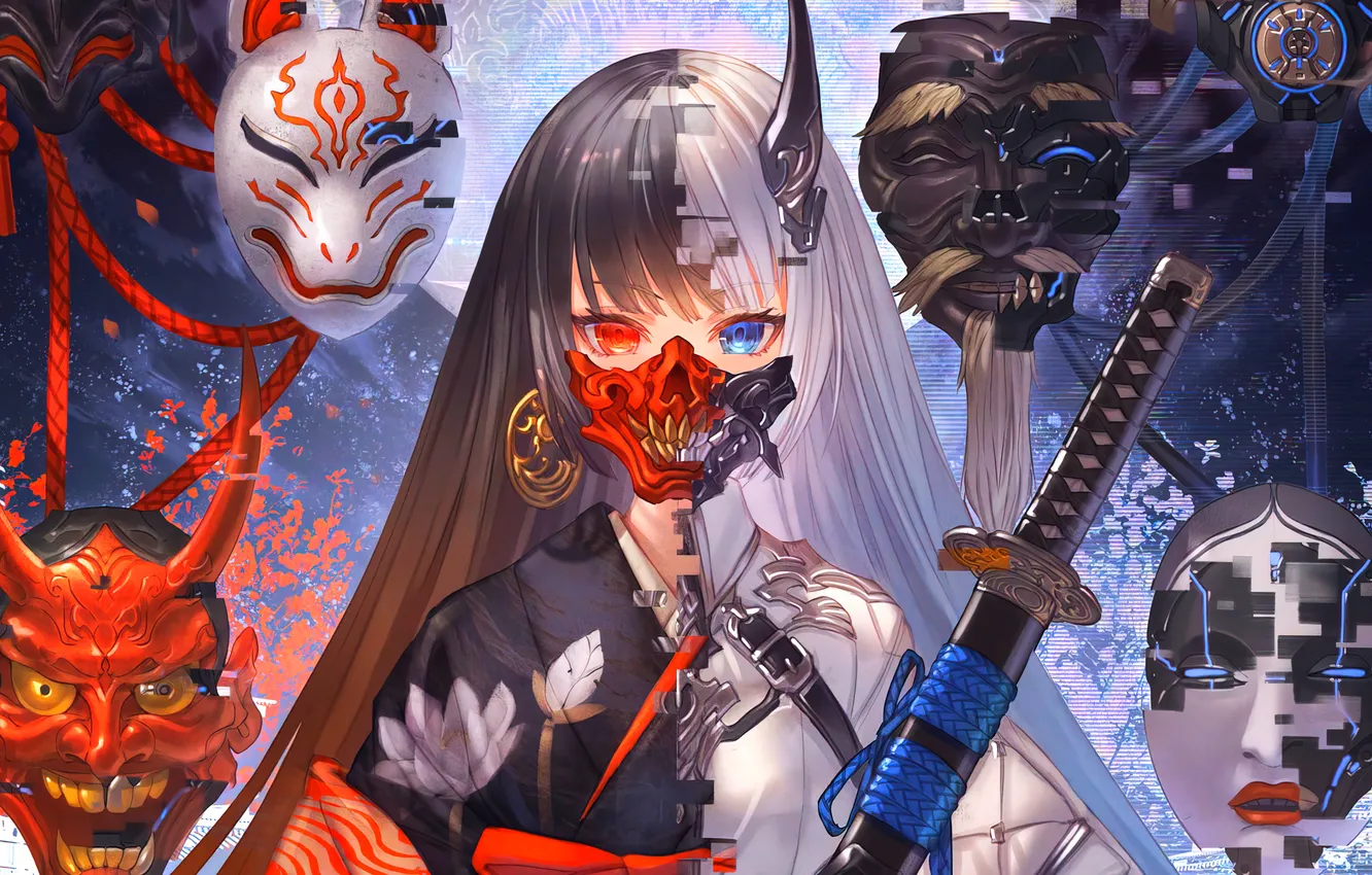 Photo wallpaper wallpaper, girl, anime, katana, mask, warrior