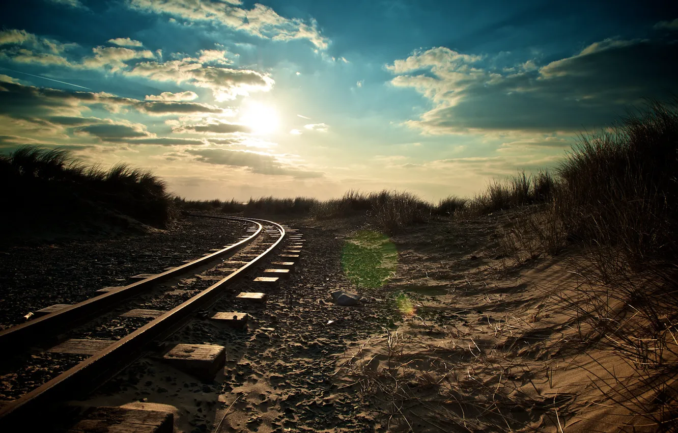 Photo wallpaper the sky, morning, railroad