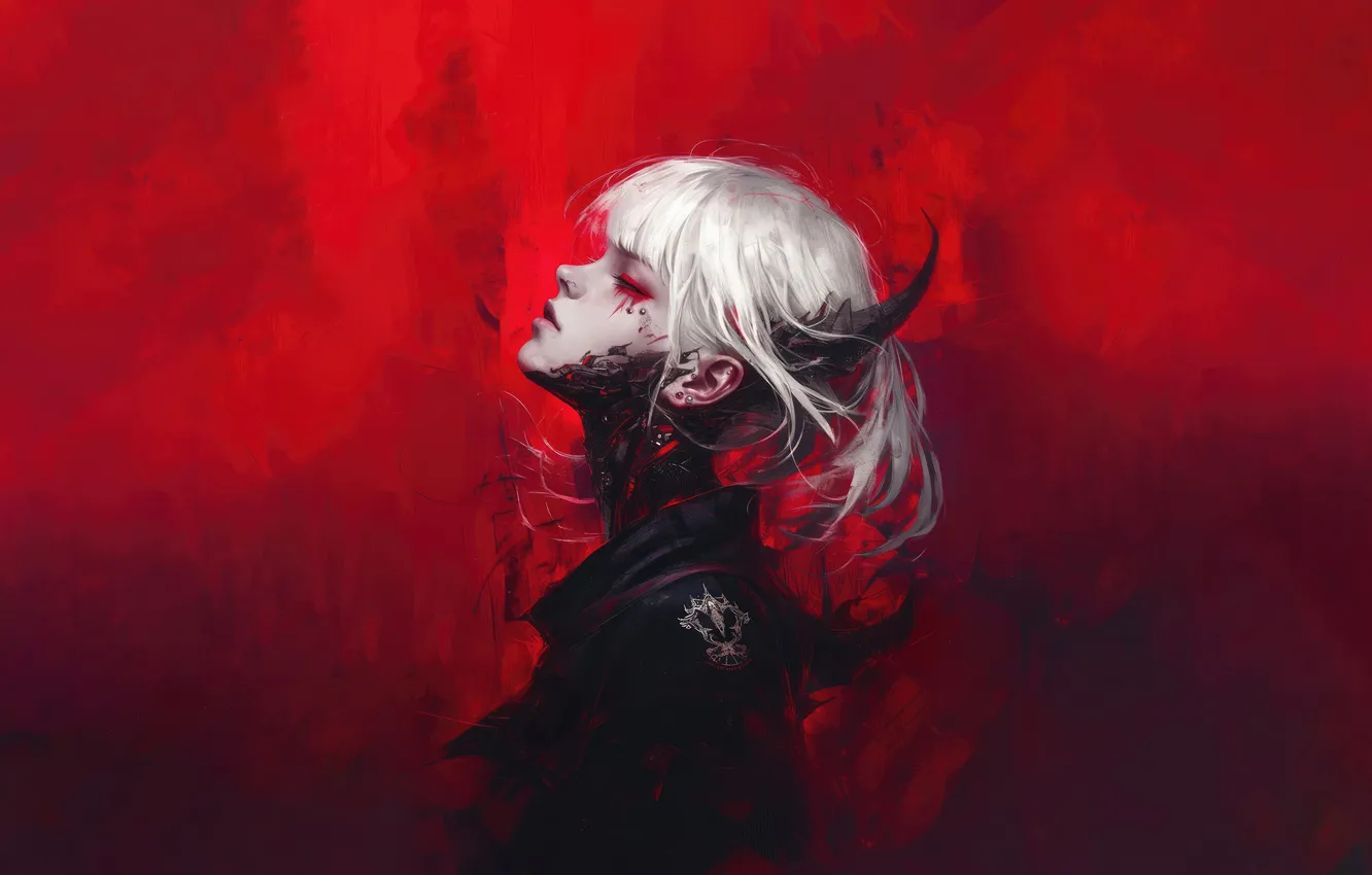 Photo wallpaper red, girl, anime, sci-fi, white hair, red background, anime girl, Cyberpunk