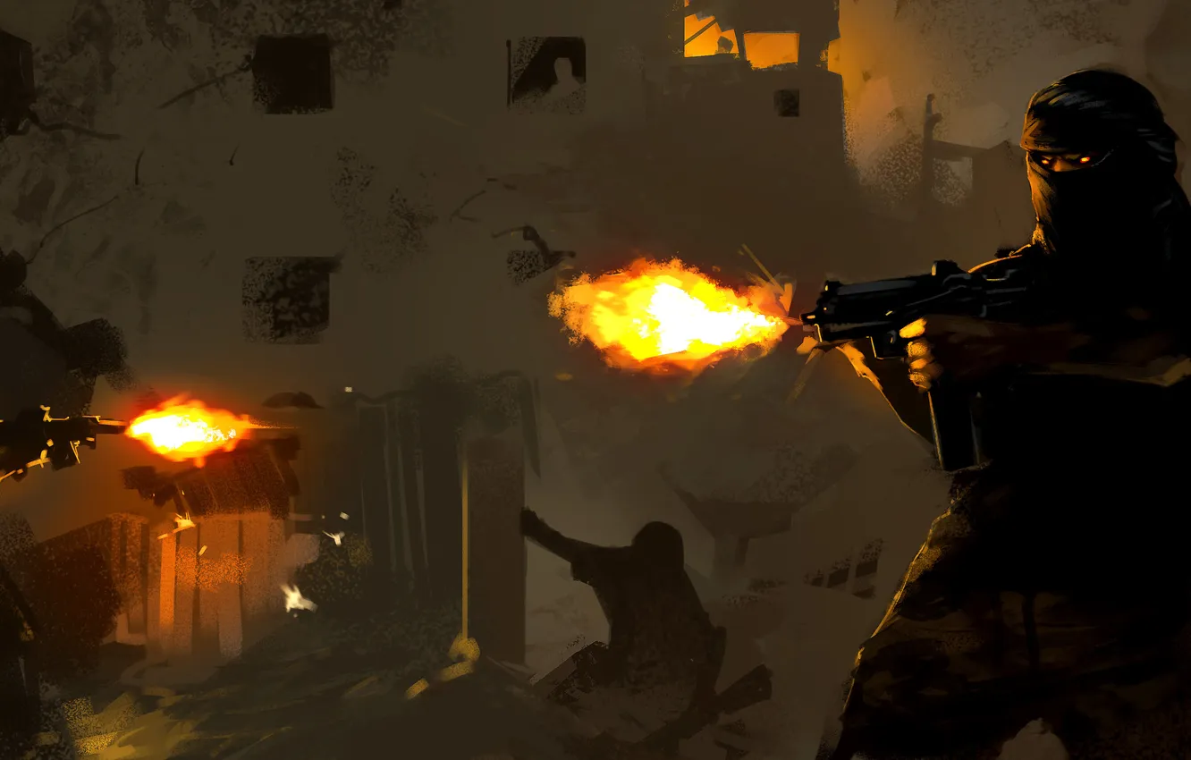 Photo wallpaper the city, war, street, battle, soldiers, sunrise, Uzi, Afghanistan