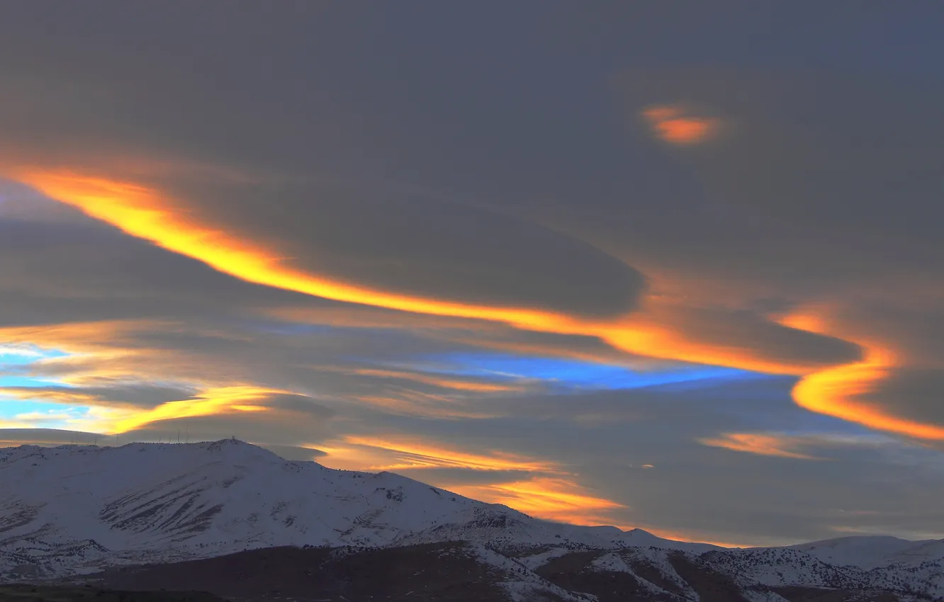 Photo wallpaper winter, the sky, clouds, light, snow, hills, aliens