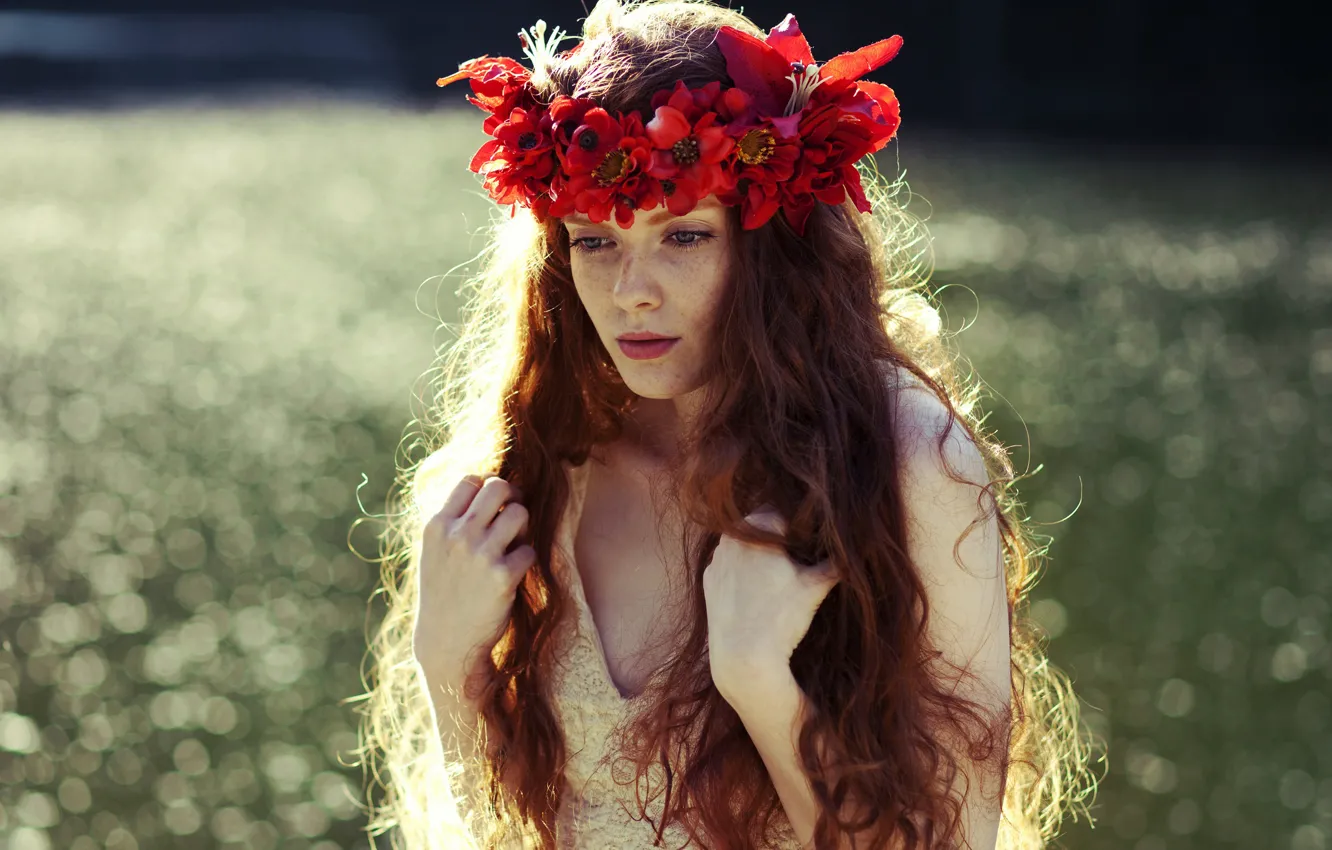 Photo wallpaper field, grass, girl, the sun, flowers, glare, makeup, hairstyle