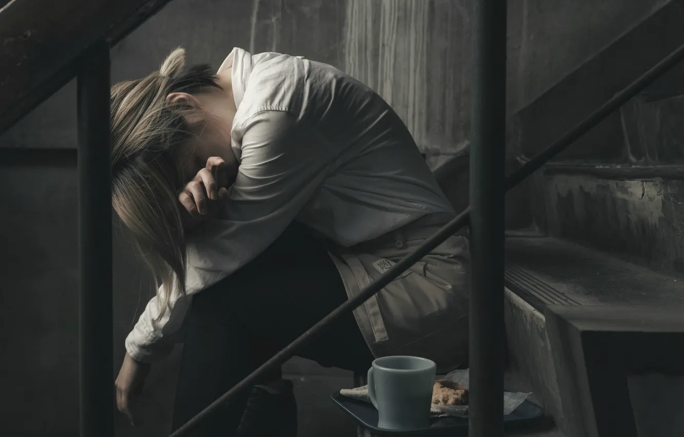 Photo wallpaper girl, skirt, steps, shirt, tray