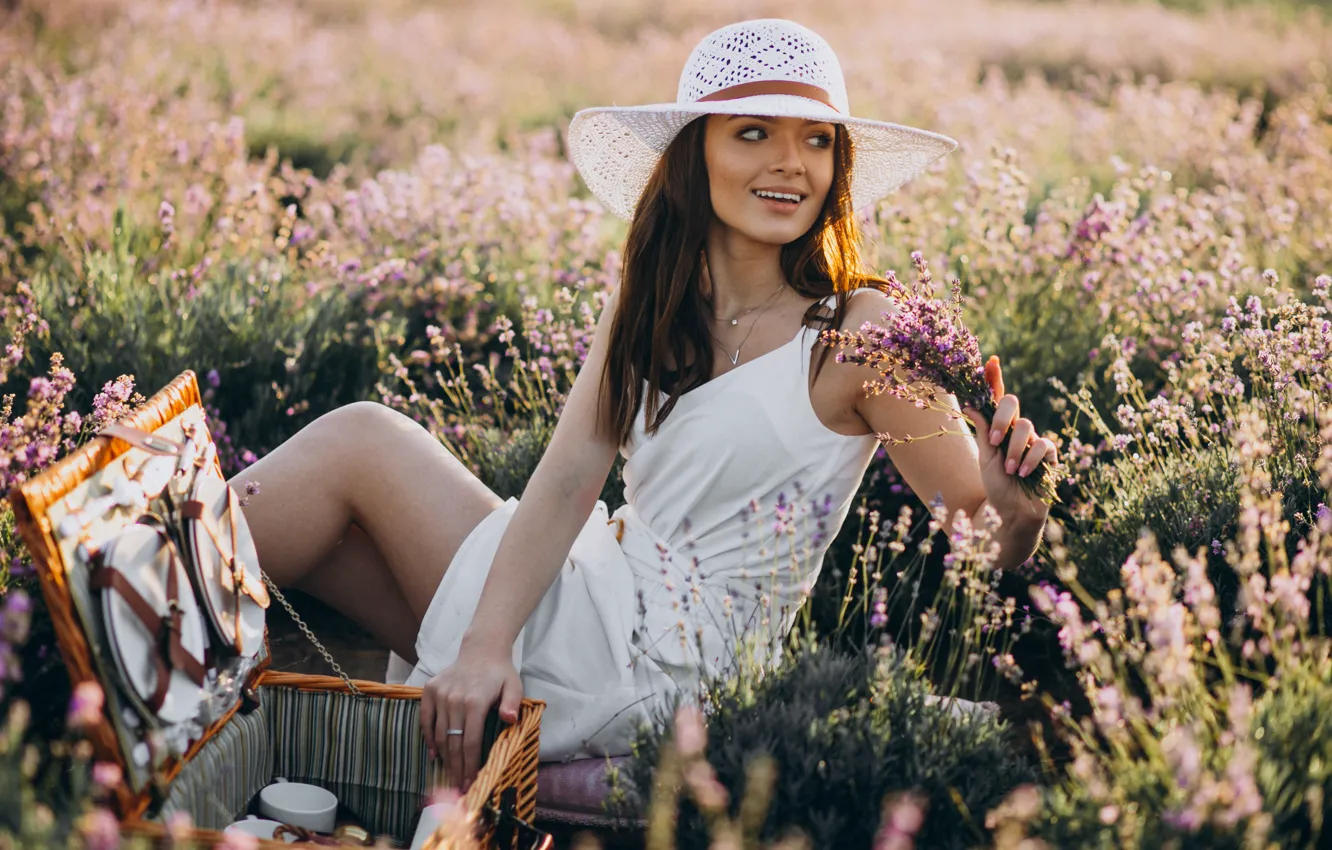 Photo wallpaper field, summer, girl, light, flowers, pose, smile, sweetheart