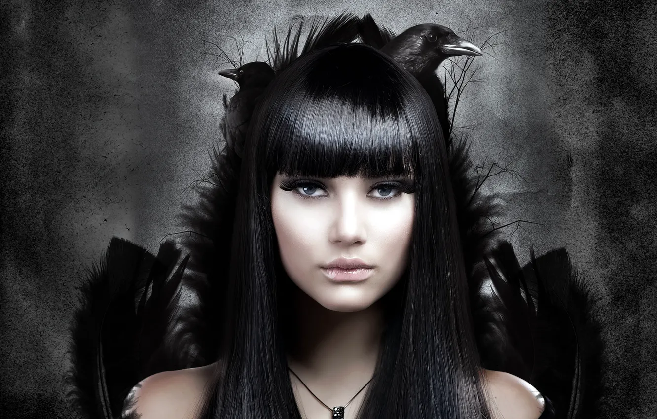 Photo wallpaper girl, birds, background, hair, feathers, crows