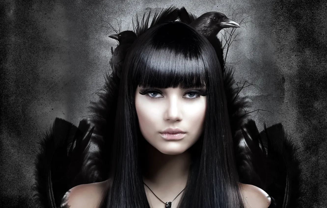 Photo wallpaper girl, background, bird, hair, feathers, crows