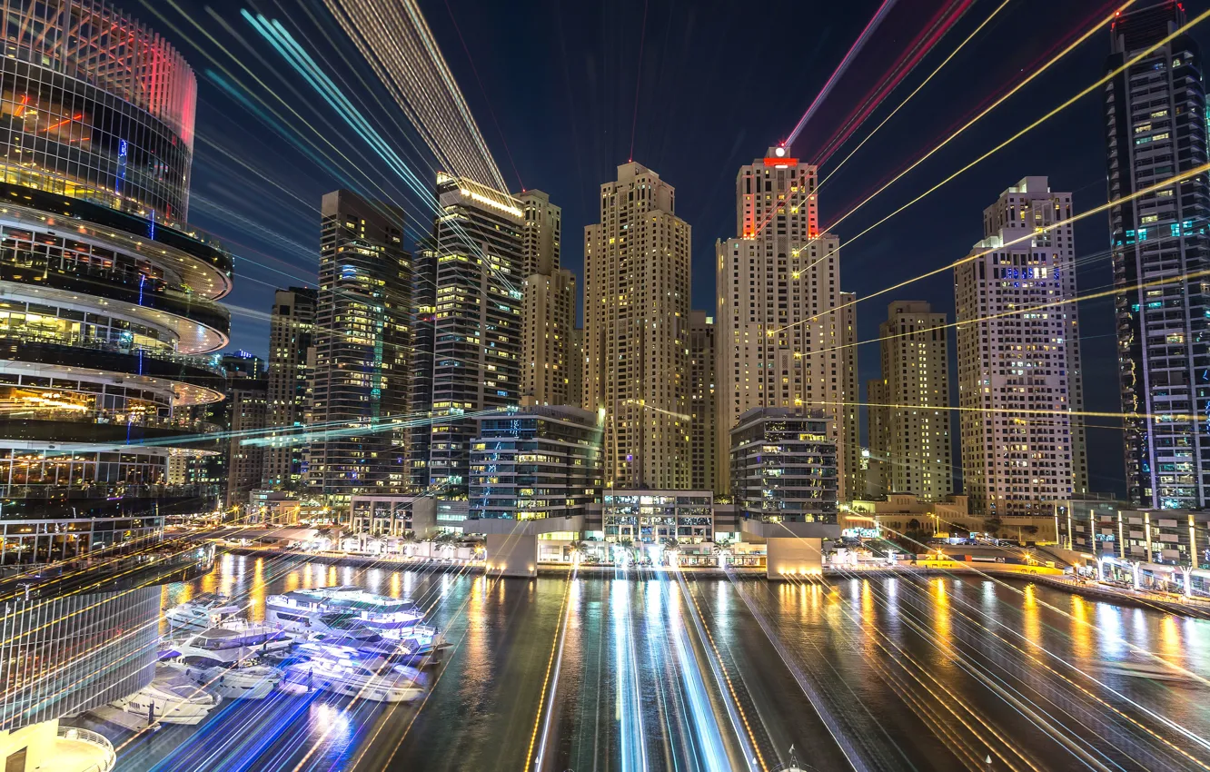 Photo wallpaper water, night, lights, movement, home, skyscrapers, pier, Dubai
