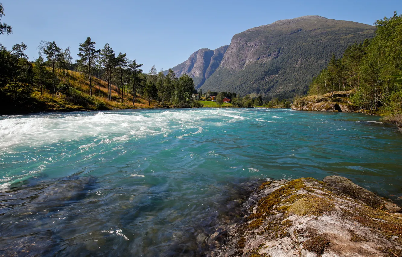 Photo wallpaper mountains, river, Norway