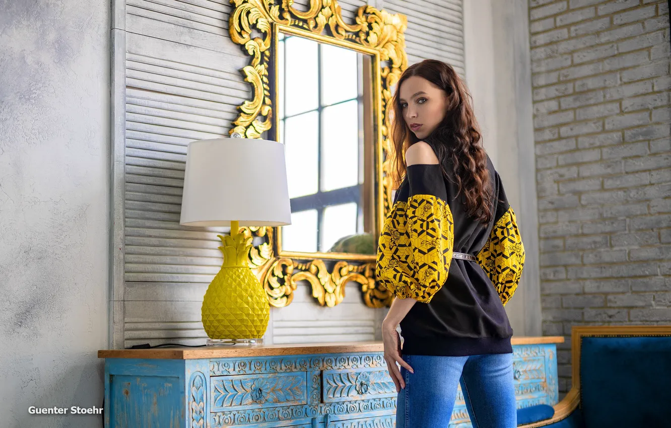 Photo wallpaper look, pose, model, lamp, portrait, interior, jeans, makeup