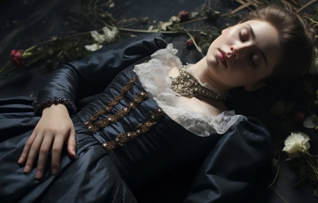 Photo wallpaper girl, retro, the dark background, sleep, hands, fantasy, sleeping, lies