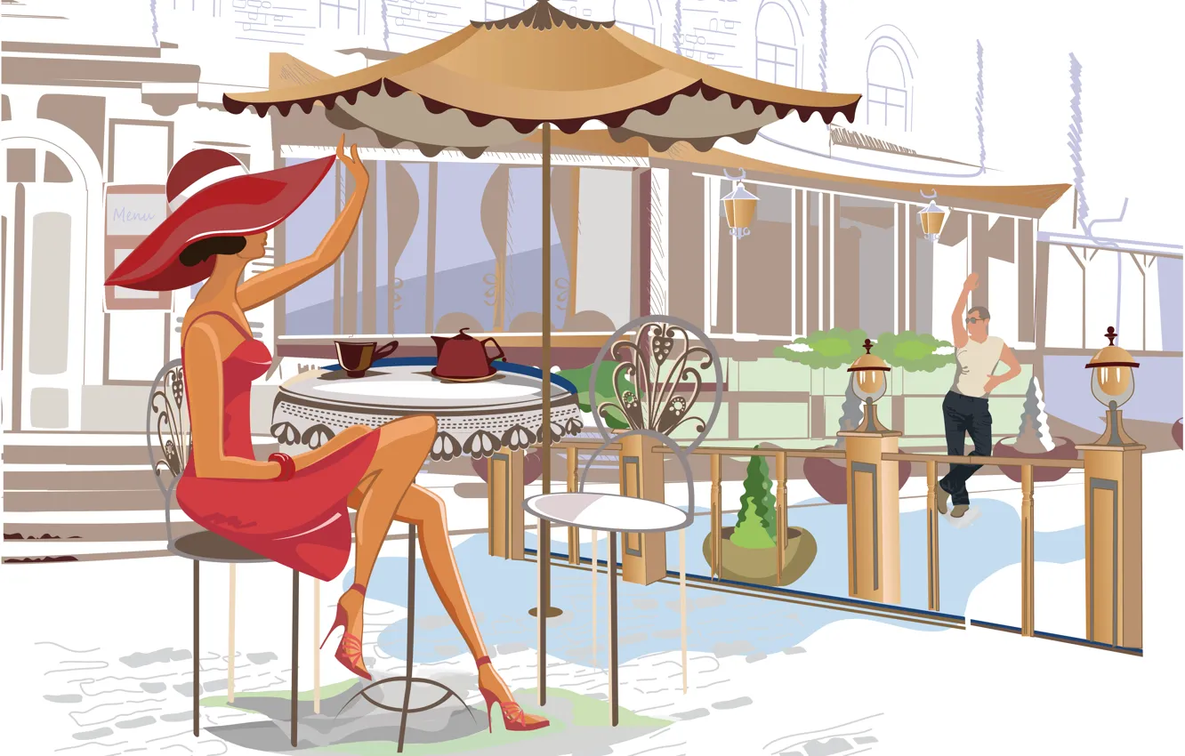 Photo wallpaper girl, tea, kettle, cafe, guy, table