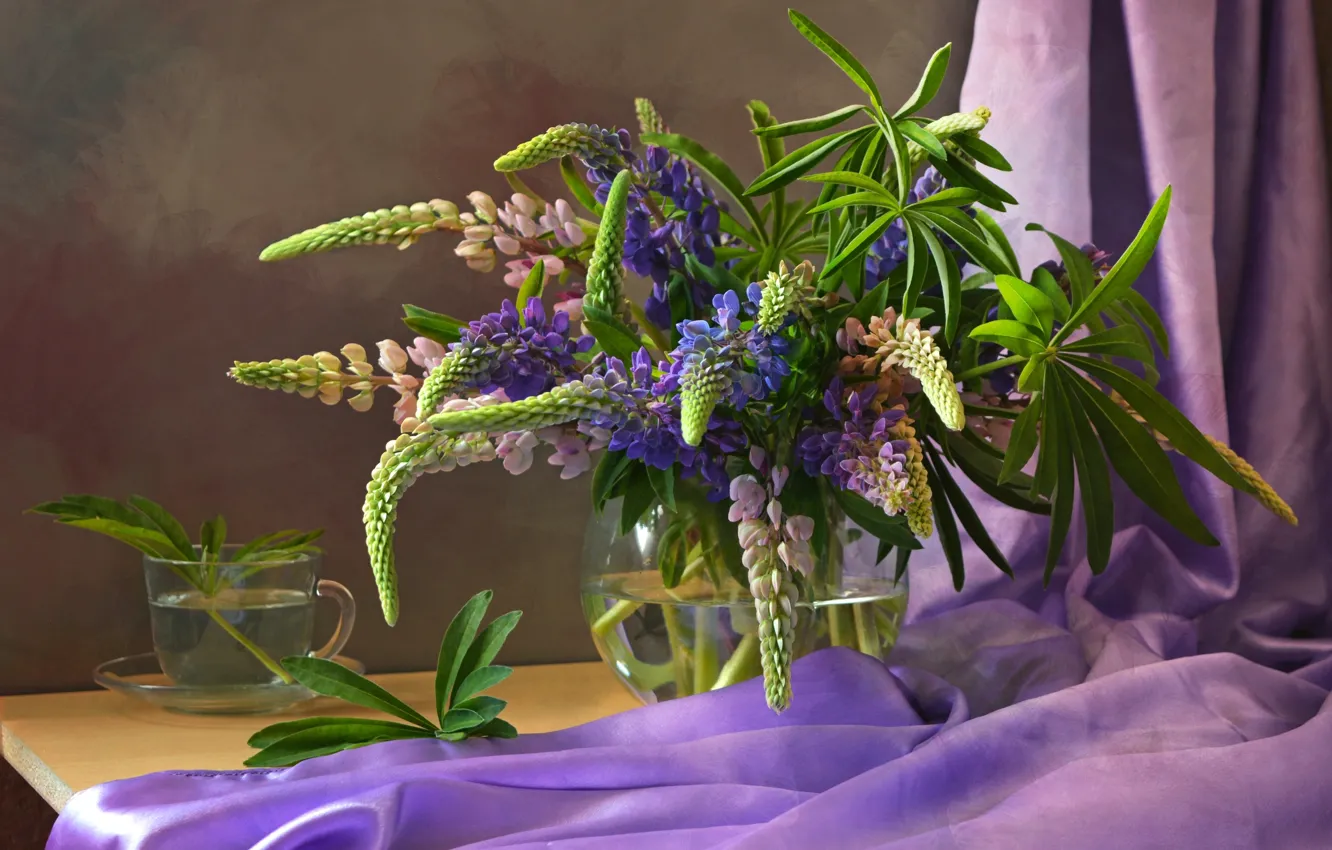 Photo wallpaper purple, bouquet, fabric, lupins