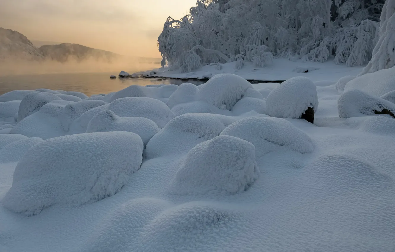 Photo wallpaper winter, snow, landscape, nature, fog, river, frost, Enisey