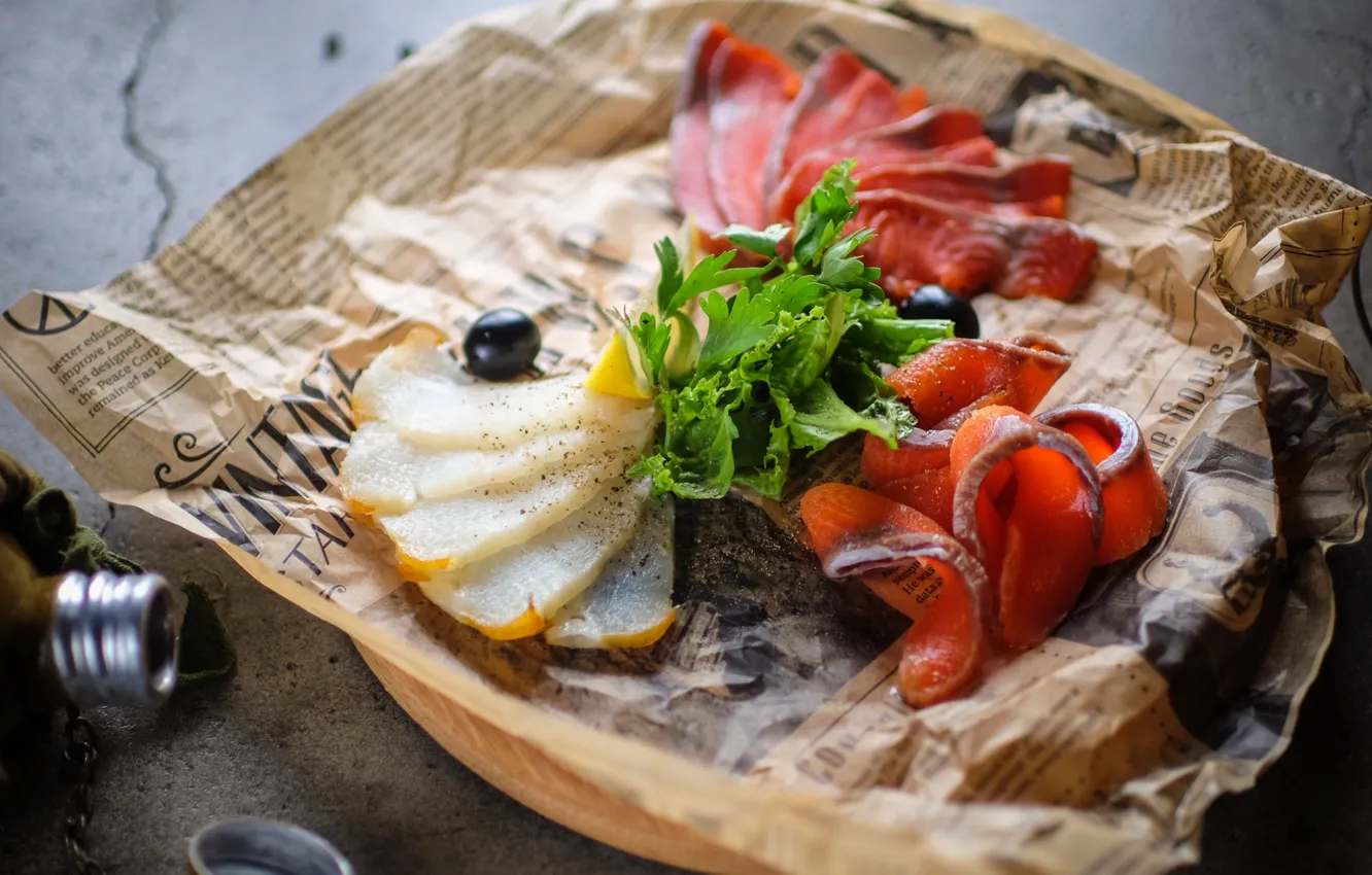 Photo wallpaper lemon, fish, cutting, salmon