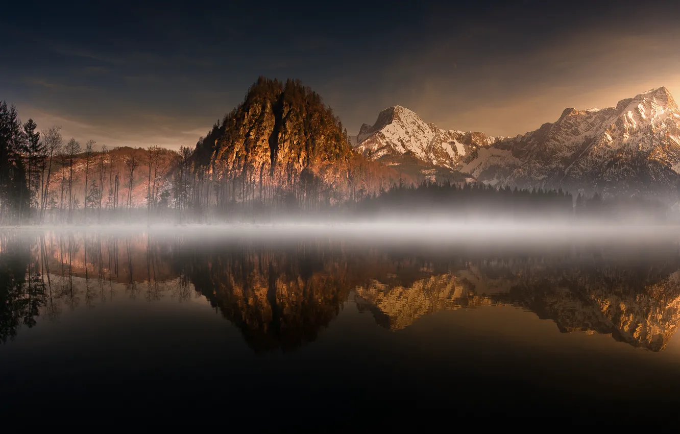 Photo wallpaper light, mountains, fog, tops, the evening, morning, panorama, pond
