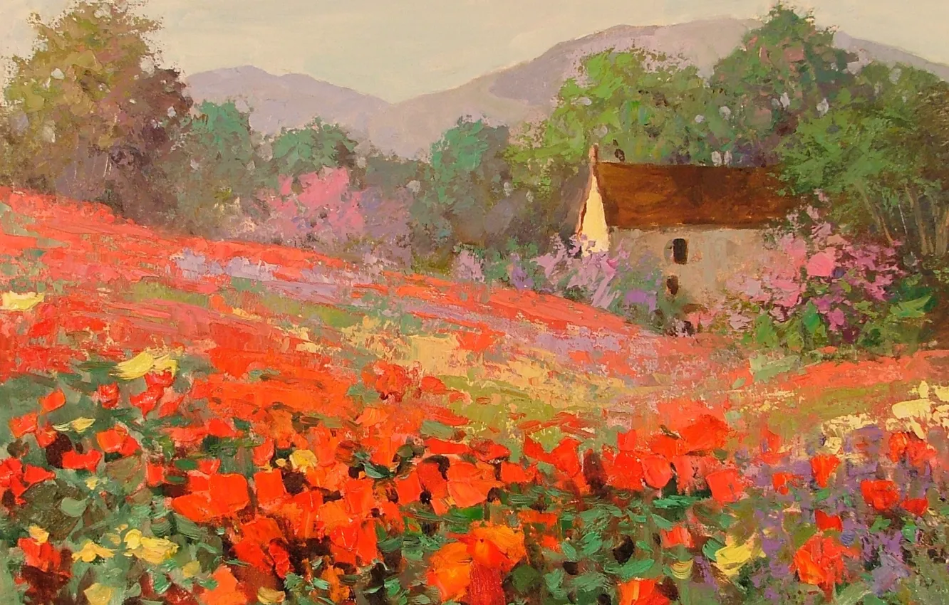 Photo wallpaper field, landscape, flowers, Maki, house