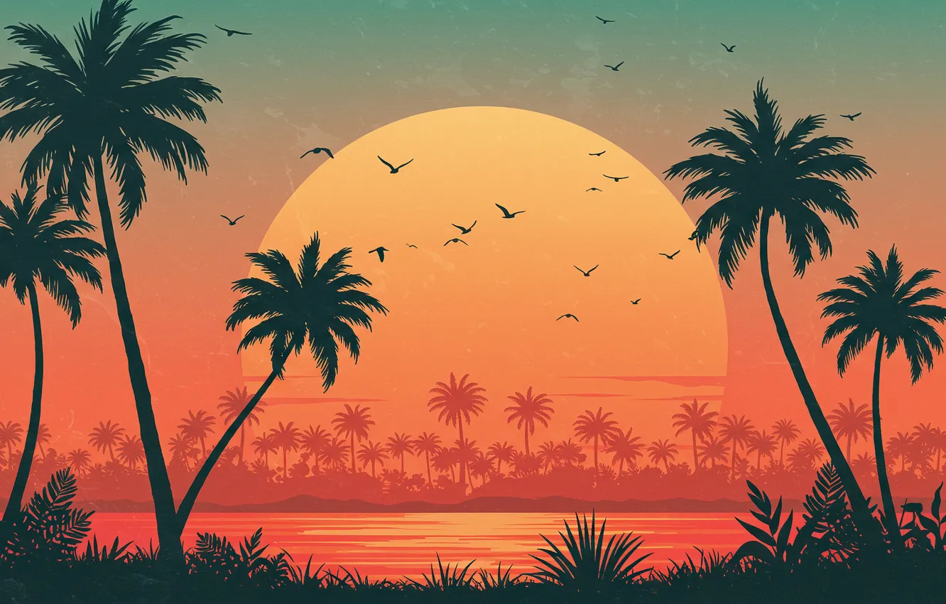 Photo wallpaper the sun, palm trees, the ocean, Wallpaper, figure, art, wallpaper, ocean