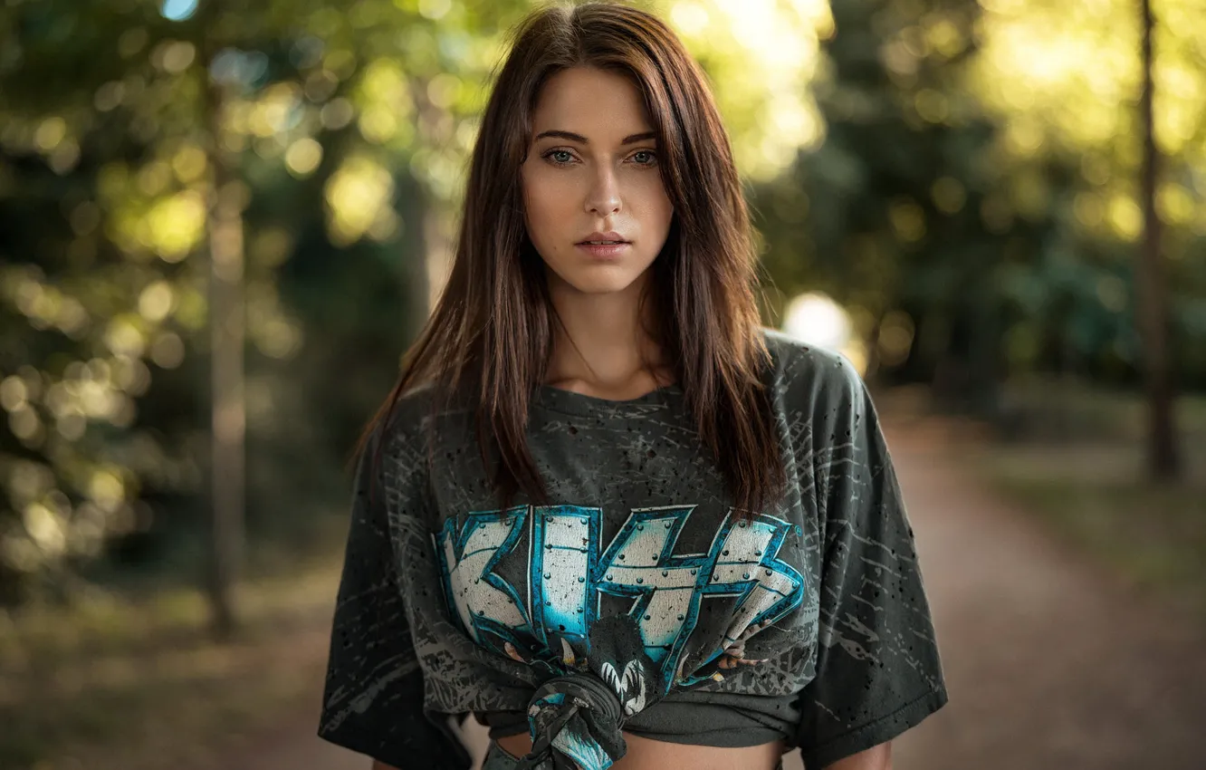 Photo wallpaper look, trees, Park, background, portrait, makeup, Mike, hairstyle