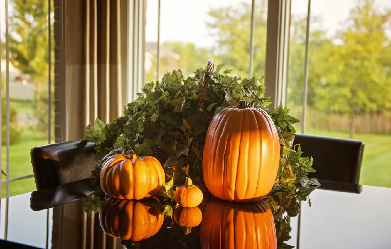 Photo wallpaper autumn, leaves, light, nature, reflection, table, room, mood