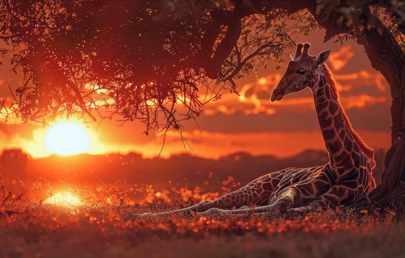 Photo wallpaper grass, the sun, clouds, trees, dawn, giraffe, digital art, AI art