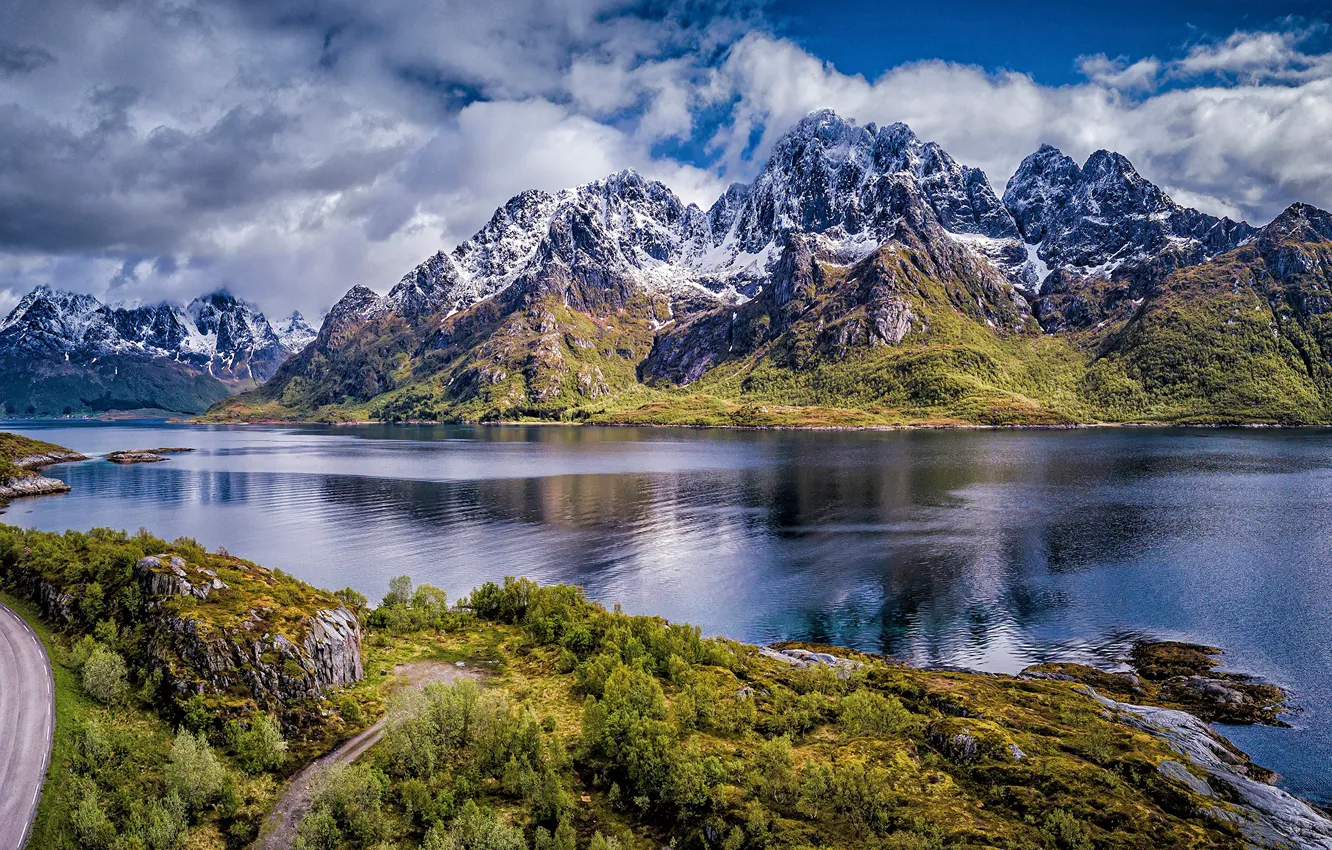 Photo wallpaper road, mountains, Norway, Norway, the fjord, Nordland, The Lofoten Islands, Lofoten