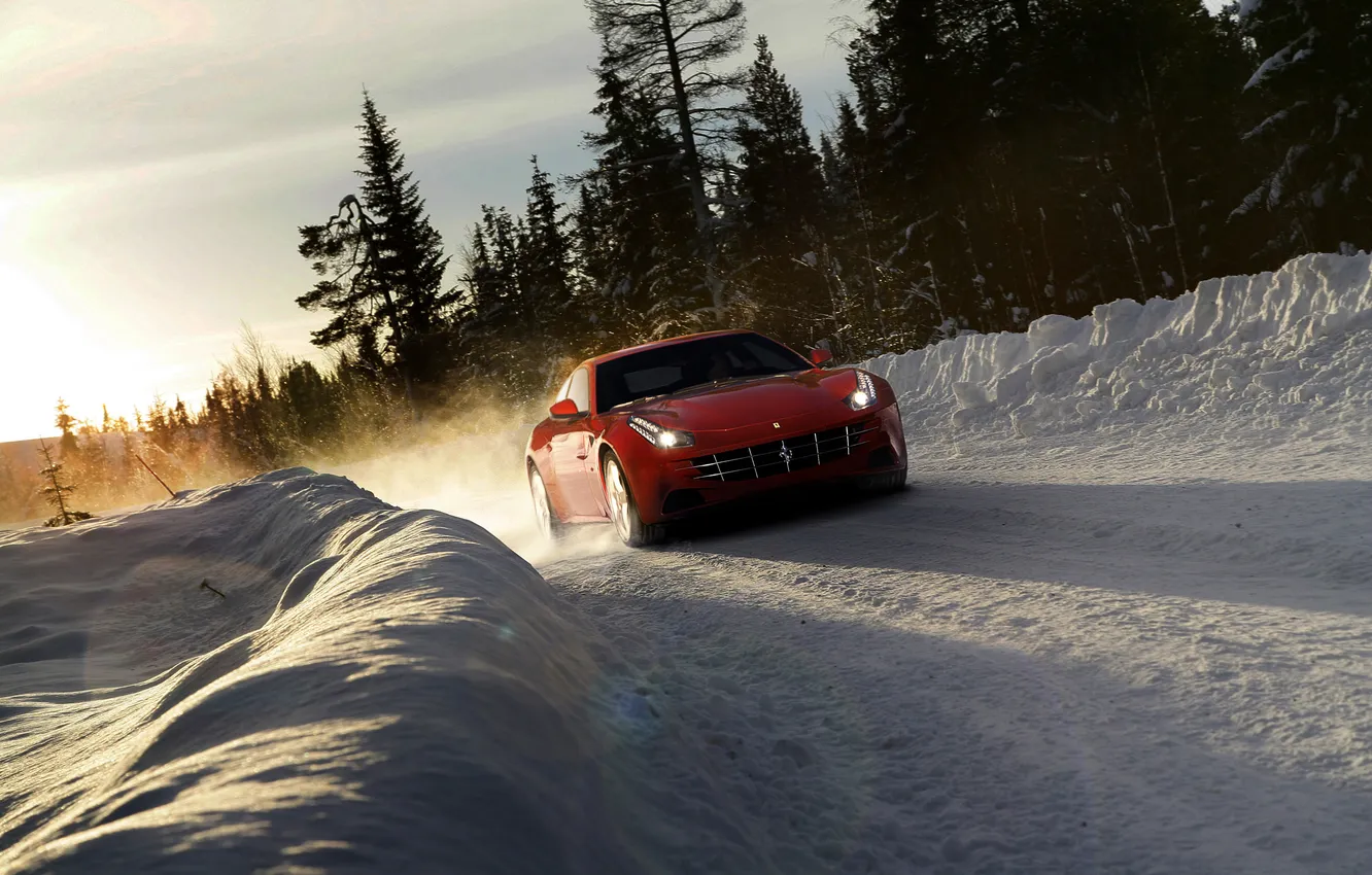 Photo wallpaper winter, road, car, machine, forest, the sky, the sun, snow