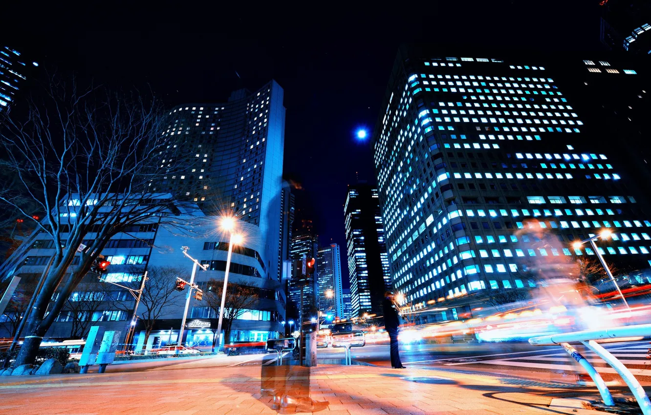 Photo wallpaper light, night, the city, street, people, home, skyscrapers, excerpt