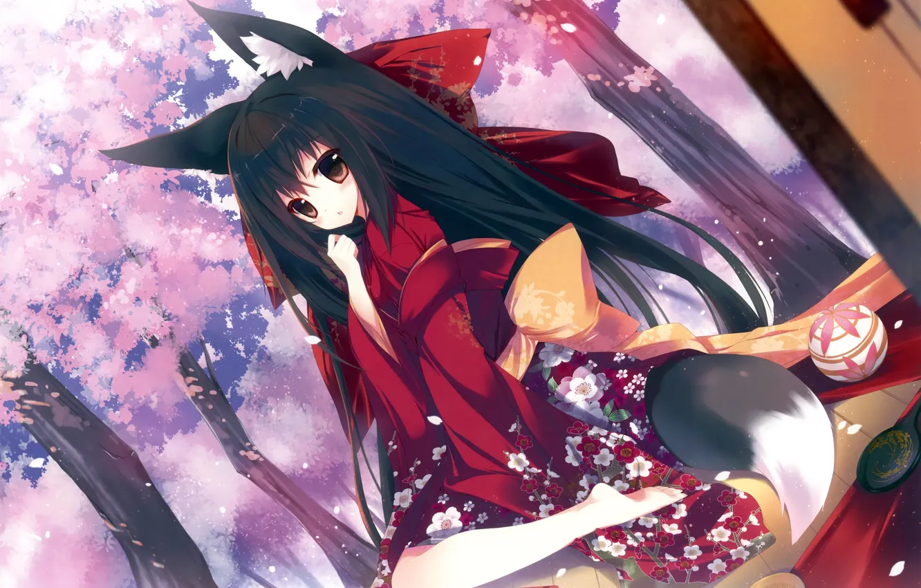 Photo wallpaper girl, petals, Sakura, tail, kimono, long hair, art, cat ears