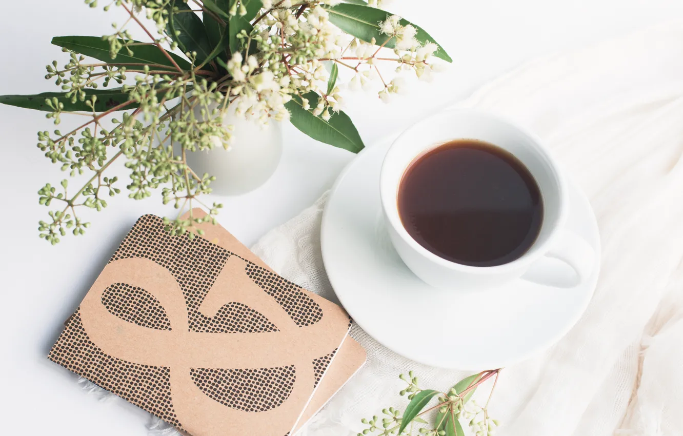Photo wallpaper flowers, tea, bouquet, Notepad, notebook, flowers, bouquet, tea