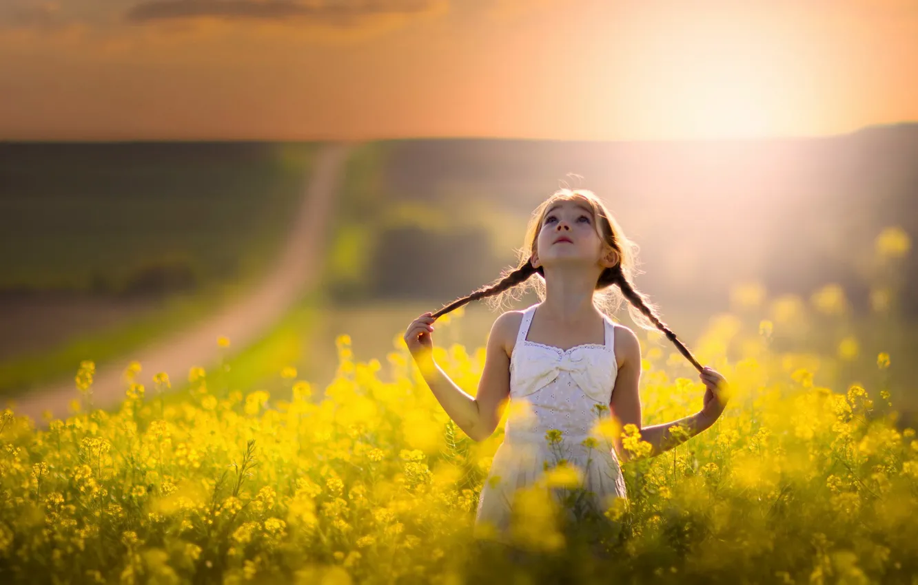 Photo wallpaper road, summer, the sun, girl, braids